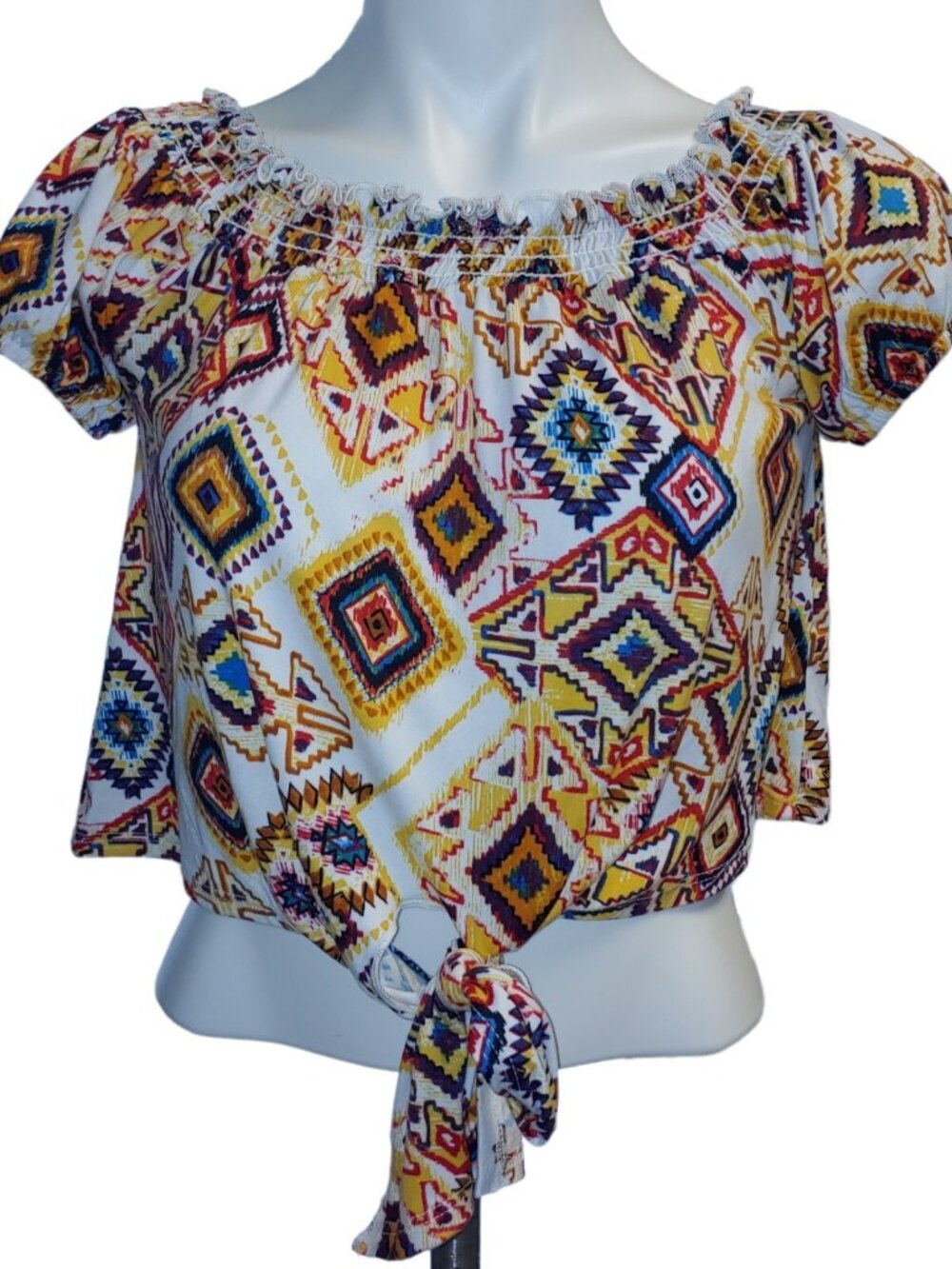 Polly & Esther Womens L Short Sleeve Crop Top Pullover Front Tie Multicolor